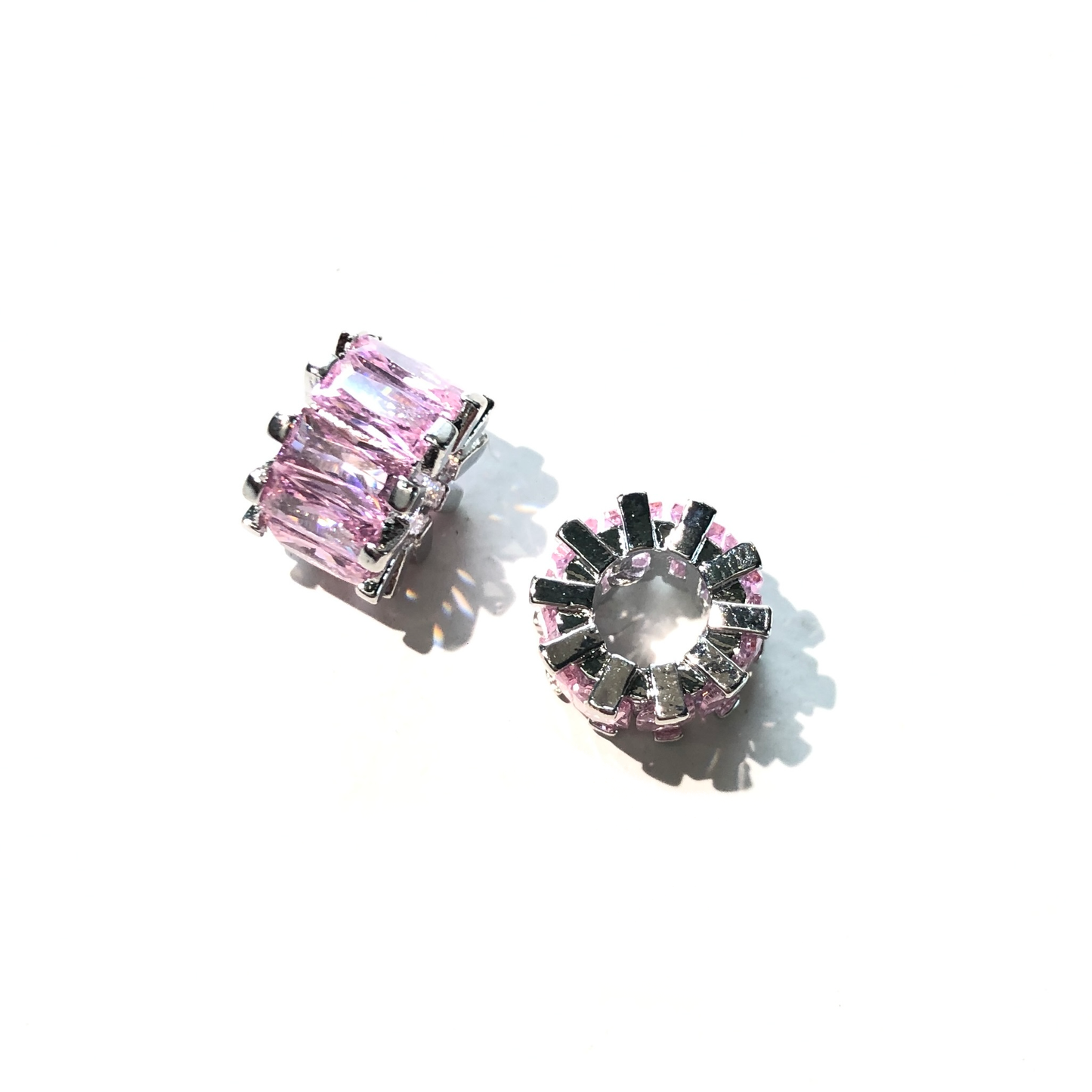 10pcs/lot 9.5*6.4mm Pink CZ Paved Big Hole Spacers Silver CZ Paved Spacers Big Hole Beads New Spacers Arrivals Charms Beads Beyond