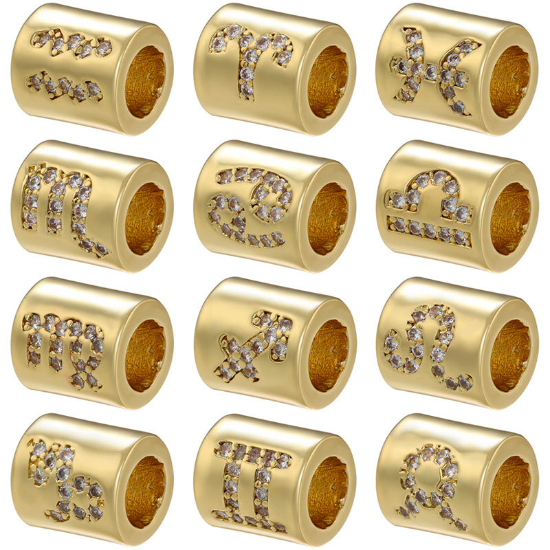 12pcs/lot 8*7.5mm Gold Plated Big Hole CZ Paved Zodiac Tube Spacers Beads CZ Paved Spacers Tube Bar Centerpieces Charms Beads Beyond