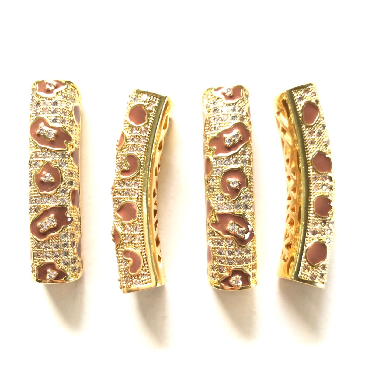 5-10pcs/lot 37.7*9mm Brown Enamel Leopard Print CZ Paved Tube Bar Spacers Gold CZ Paved Spacers Leopard Printed New Spacers Arrivals Tube Bar Centerpieces Charms Beads Beyond