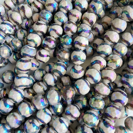 10mm Electroplated AB Black Stripe Gray Faceted Tibetan Agate Stone Beads Electroplated Beads Electroplated Tibetan Beads New Beads Arrivals Charms Beads Beyond
