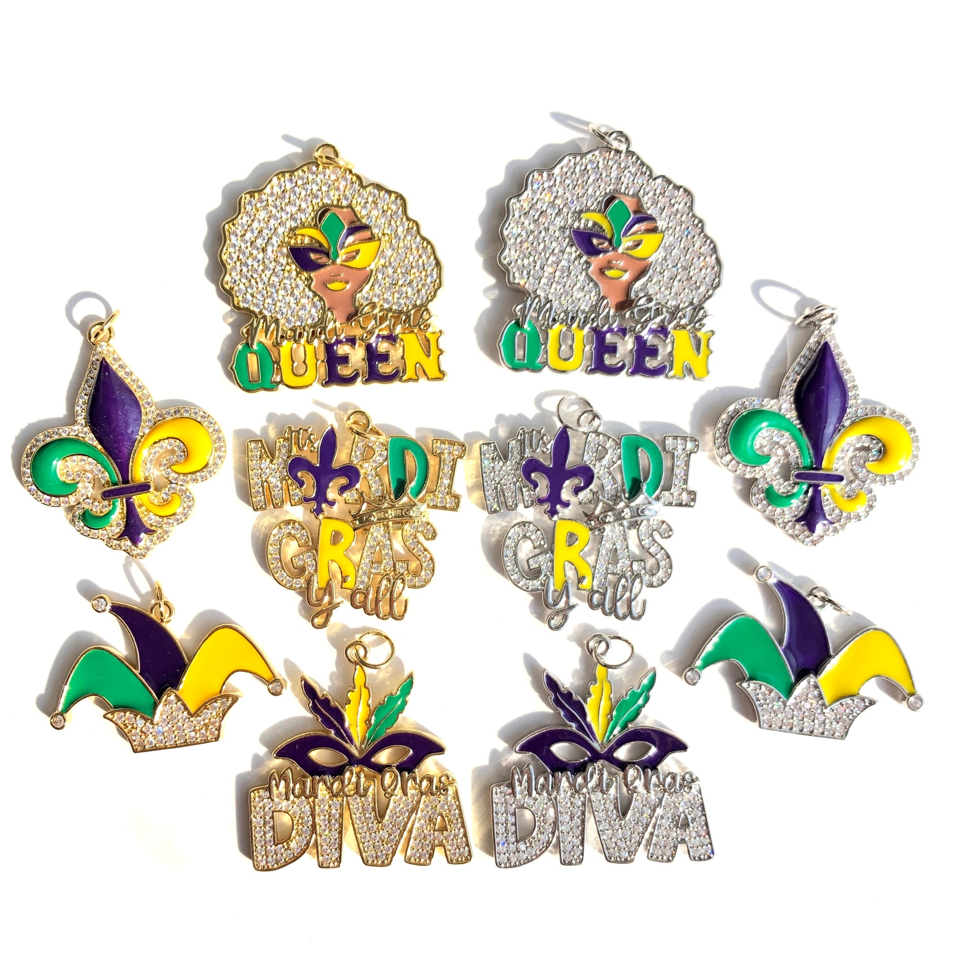 10pcs/lot CZ Paved Mardi Gras Charms Bundle Mix Colors CZ Paved Charms Mardi Gras Mix Charms New Charms Arrivals Charms Beads Beyond