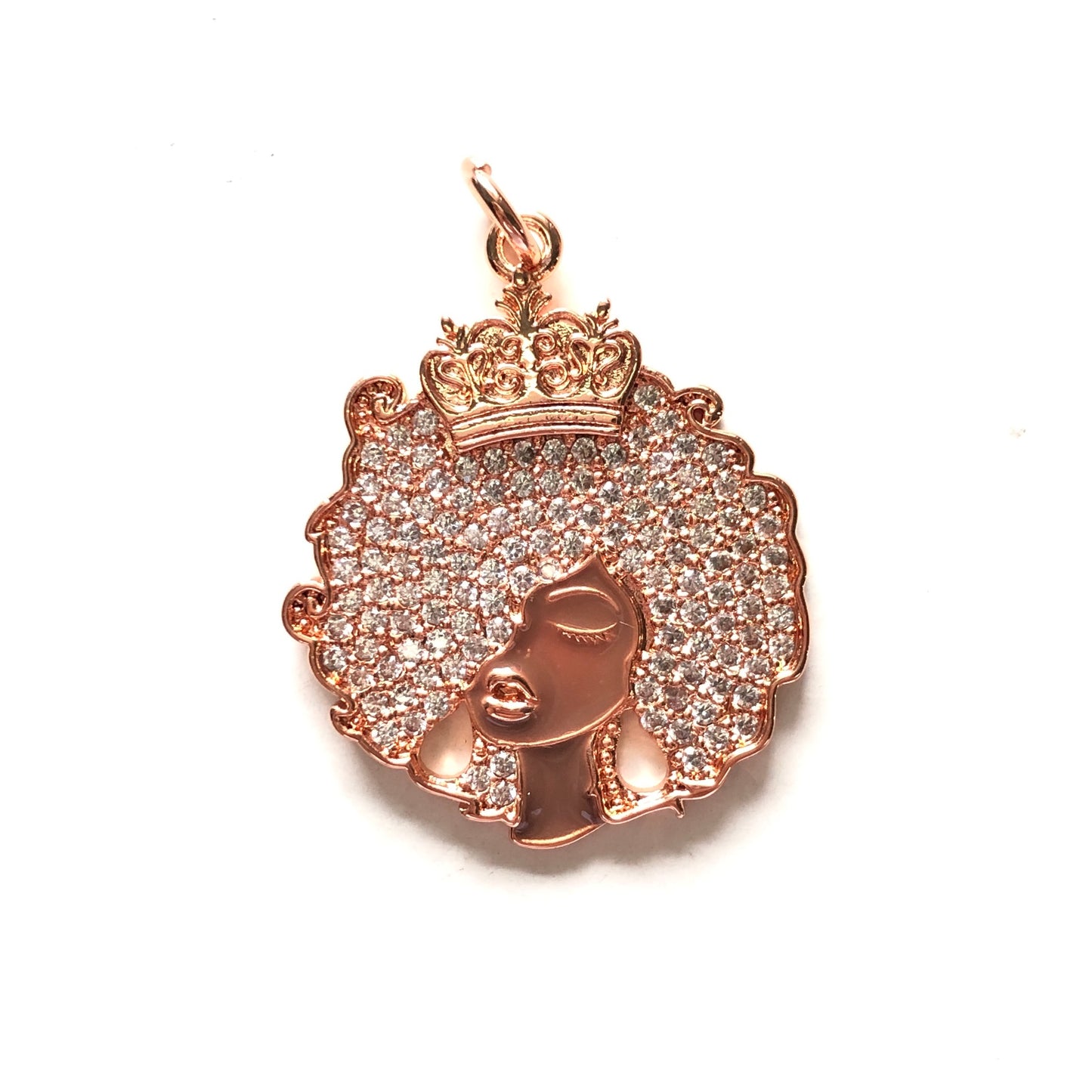 10pcs/lot 31.6*26mm CZ Afro Girl Black Queen Charm Pendants Rose Gold CZ Paved Charms Afro Girl/Queen Charms On Sale Charms Beads Beyond