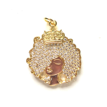 10pcs/lot 31.6*26mm CZ Afro Girl Black Queen Charm Pendants Gold CZ Paved Charms Afro Girl/Queen Charms On Sale Charms Beads Beyond