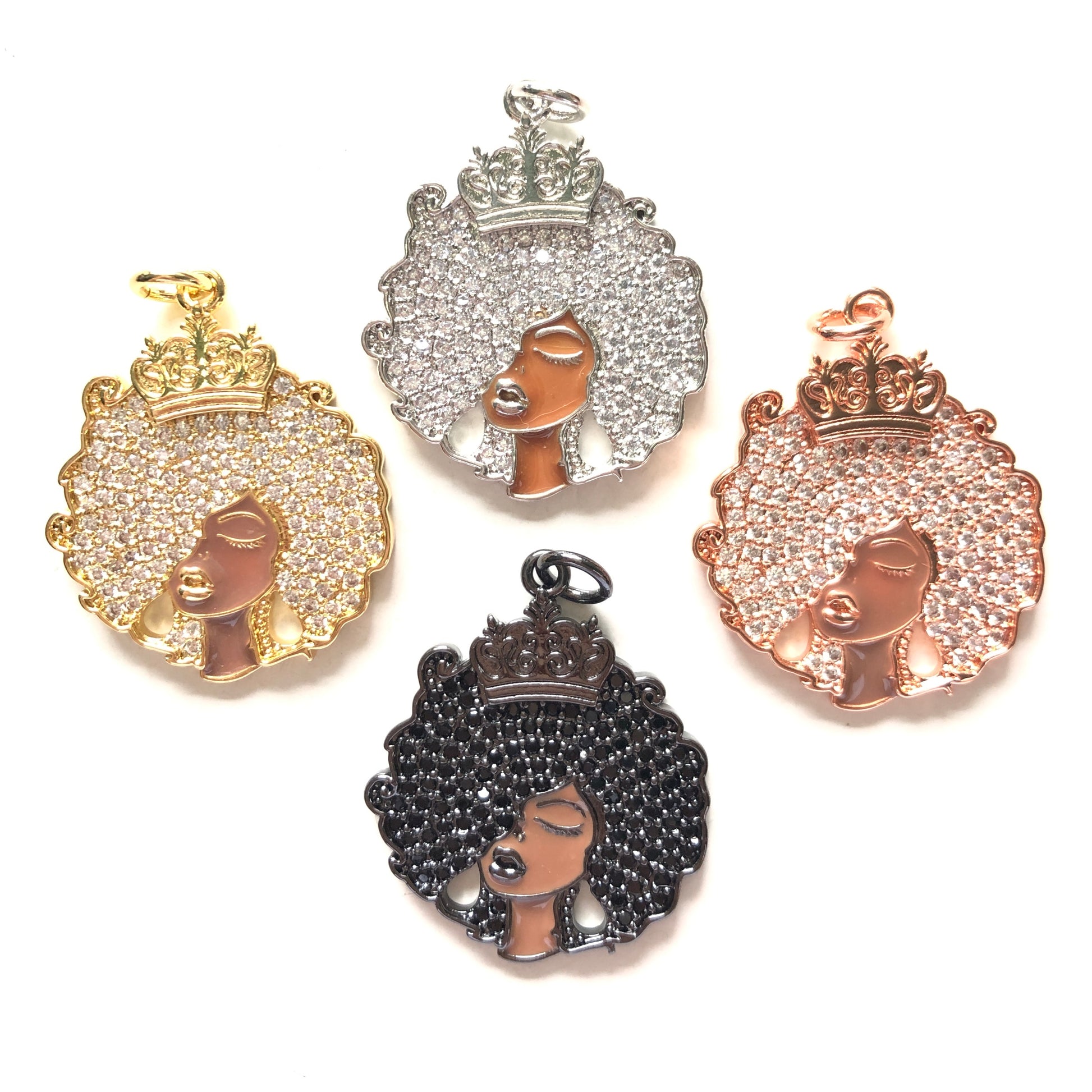 10pcs/lot 31.6*26mm CZ Afro Girl Black Queen Charm Pendants Mix Colors CZ Paved Charms Afro Girl/Queen Charms On Sale Charms Beads Beyond