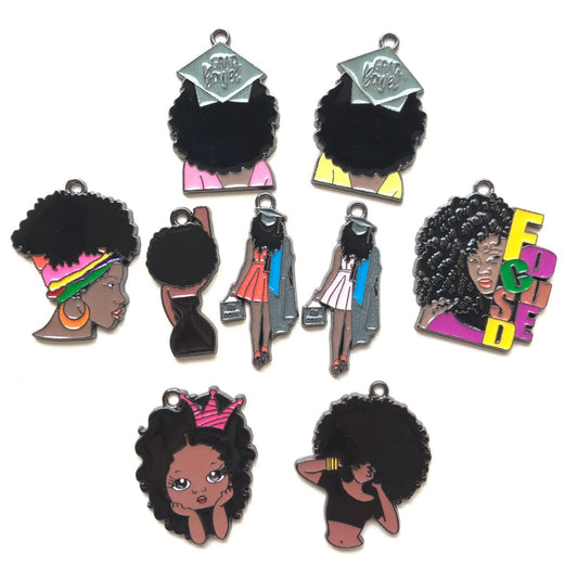 10pcs/lot Afro Black Girl Charms Mix Bundle Enamel Afro Charms On Sale Charms Beads Beyond