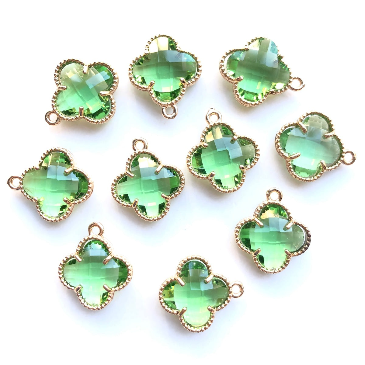 10pcs/Lot Gold Plated Glass Crystal Clover Flower Charms Light Green Stone Charms Flower Glass Beads New Charms Arrivals Charms Beads Beyond