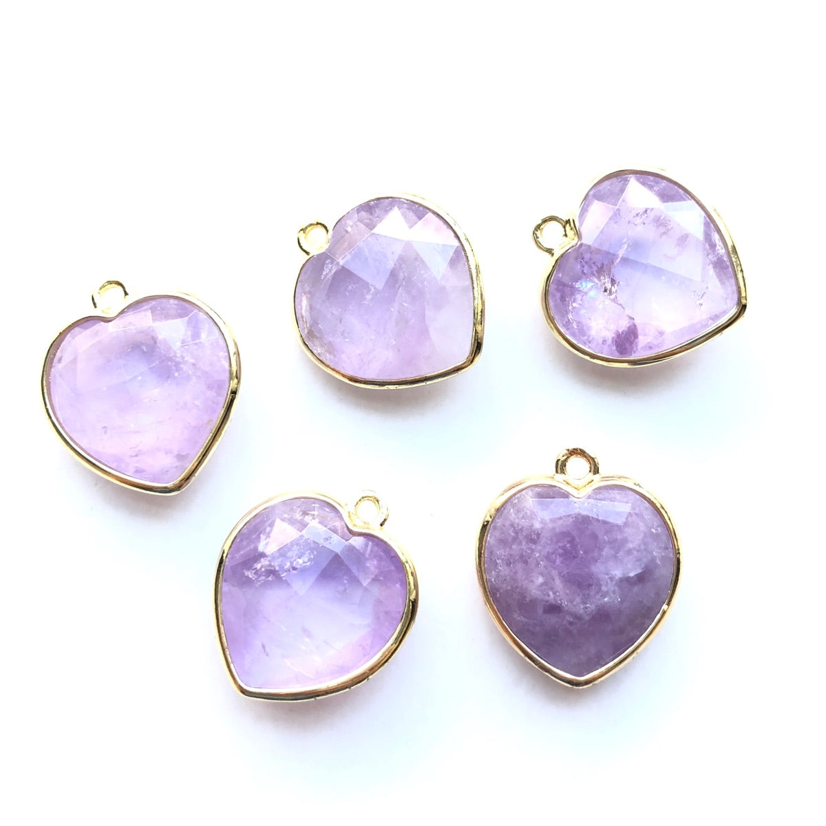 5pcs/Lot Gold Plated Bezel Natural Labradorite Amethyst Tiger Eye Rose Quartz Faceted Heart Pendants Light Amethyst Stone Charms New Charms Arrivals Charms Beads Beyond