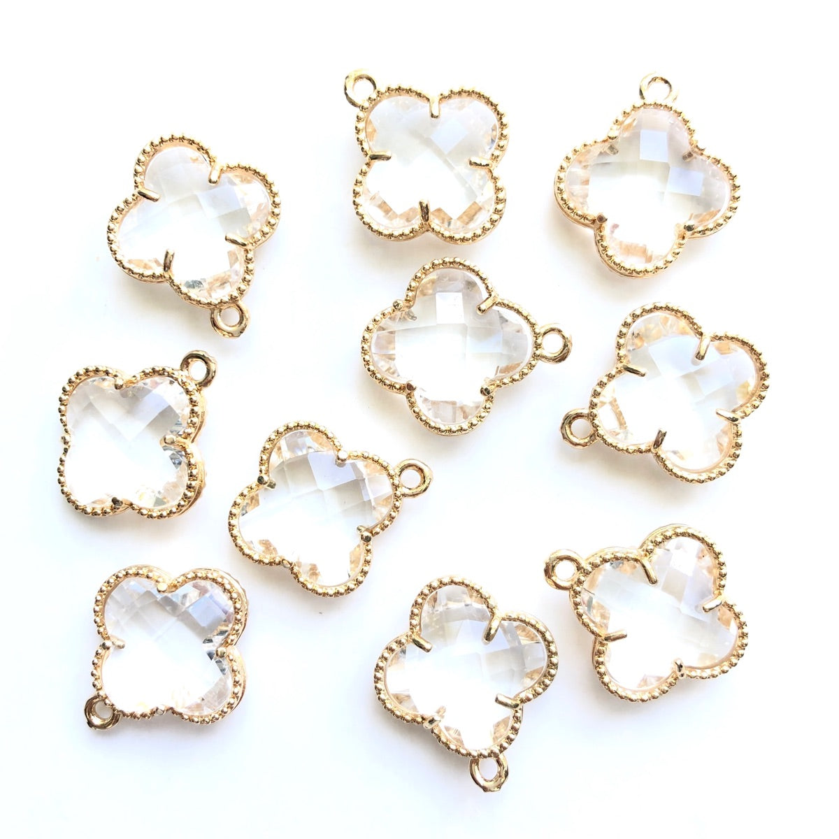 10pcs/Lot Gold Plated Glass Crystal Clover Flower Charms Clear Stone Charms Flower Glass Beads New Charms Arrivals Charms Beads Beyond