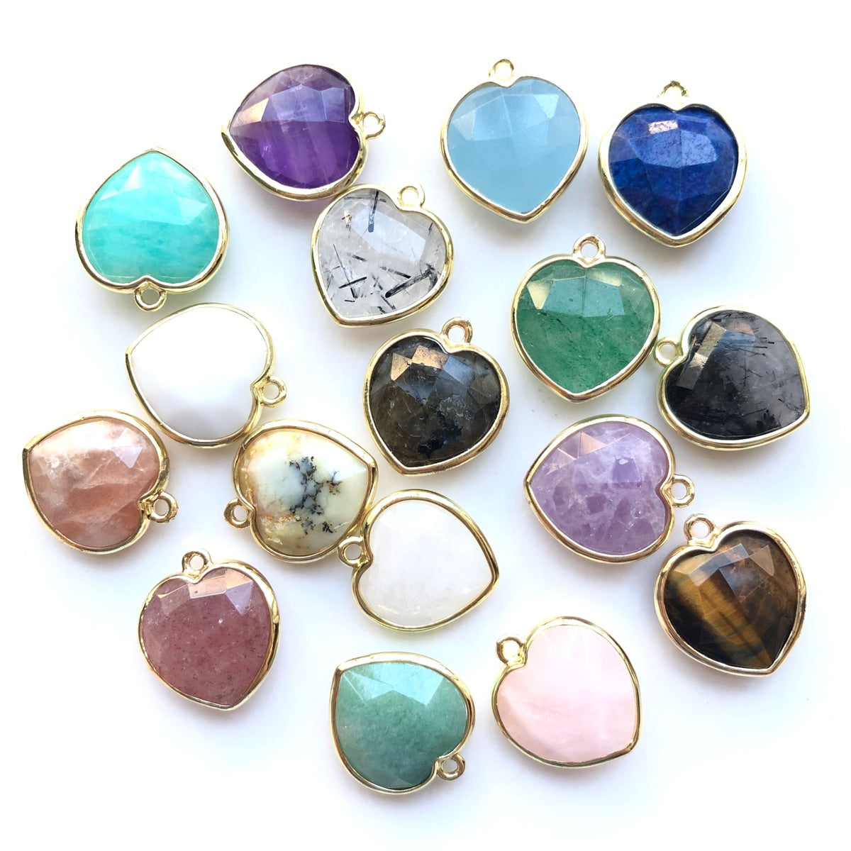 5pcs/Lot Gold Plated Bezel Natural Labradorite Amethyst Tiger Eye Rose Quartz Faceted Heart Pendants Stone Charms New Charms Arrivals Charms Beads Beyond