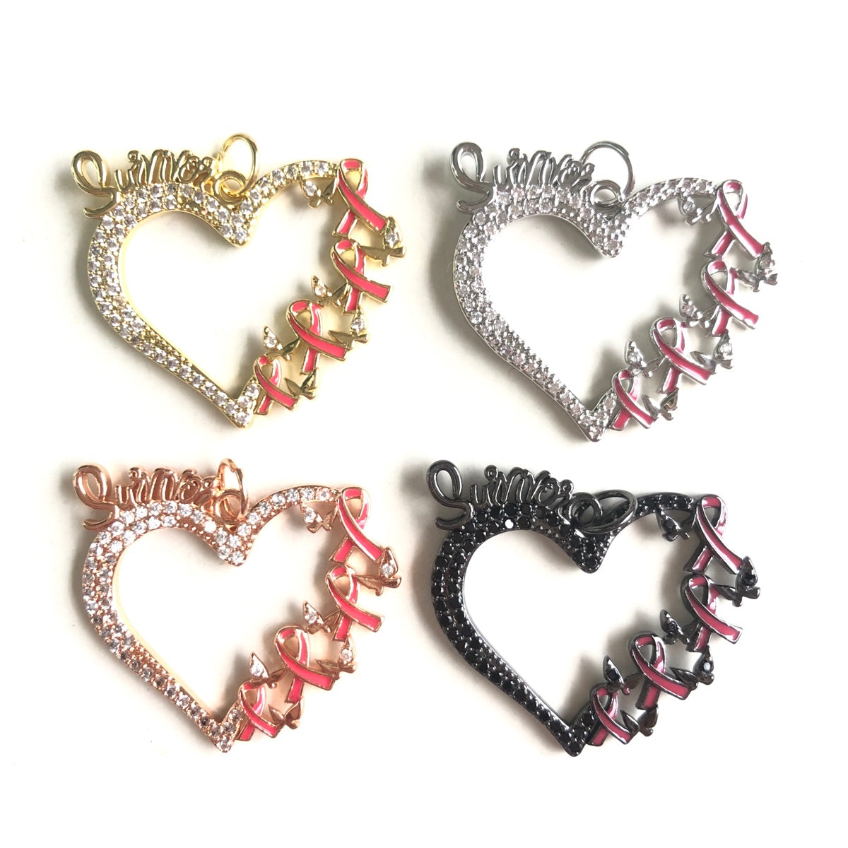10pcs/lot CZ Pave Pink Ribbon Survivor Heart Charms - Breast Cancer Awareness CZ Paved Charms Breast Cancer Awareness New Charms Arrivals Charms Beads Beyond