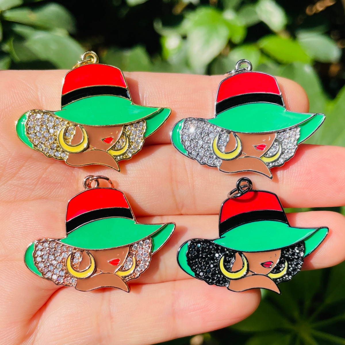 10pcs/lot CZ Paved Red Black Green Hat Afro Black Girl Charms for Juneteenth Awareness Mix Colors CZ Paved Charms Afro Girl/Queen Charms Juneteenth & Black History Month Awareness New Charms Arrivals Charms Beads Beyond