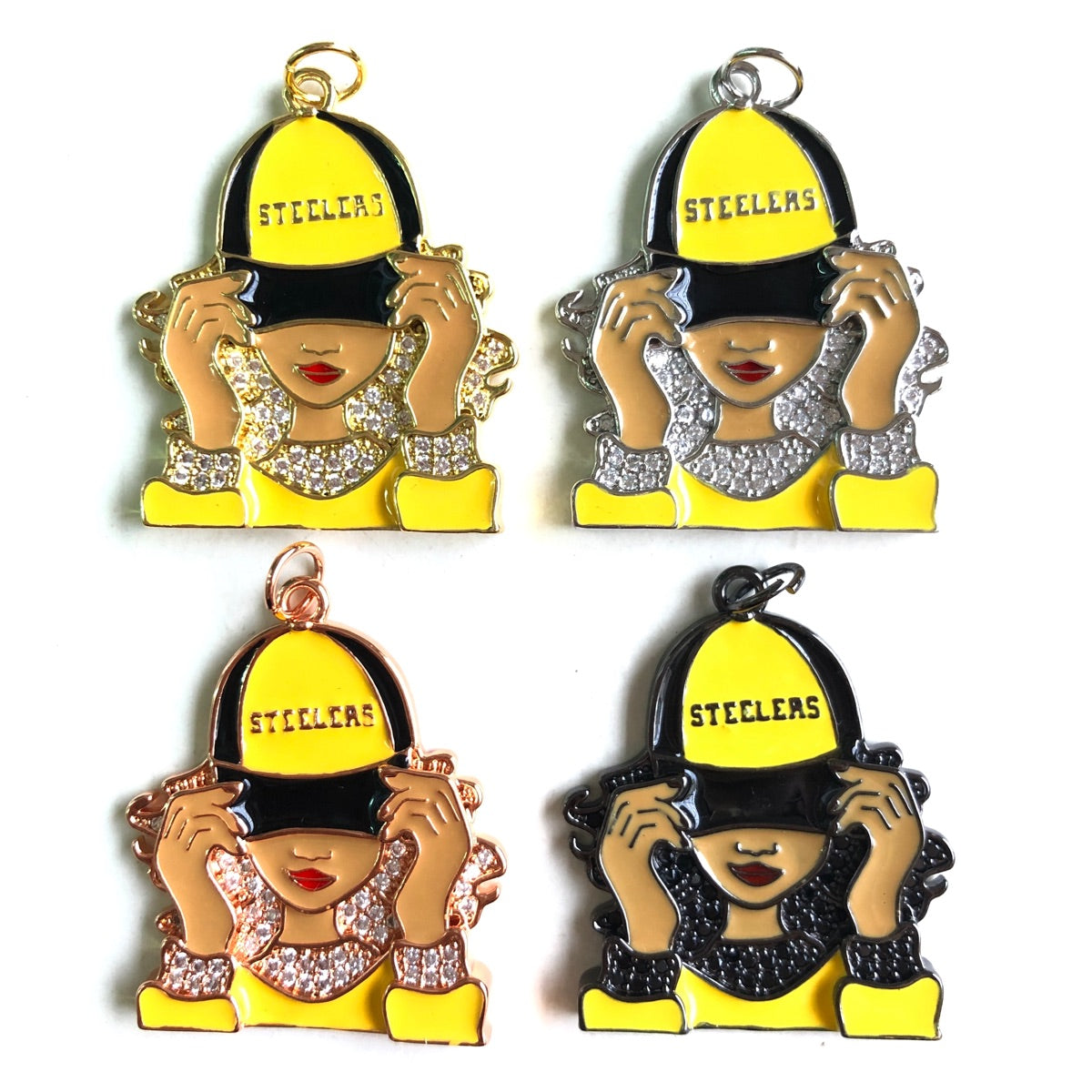 10pcs/lot CZ Paved Pittsburgh Steelers Afro Black Girl Charms Mix Colors CZ Paved Charms Afro Girl/Queen Charms American Football Sports New Charms Arrivals Charms Beads Beyond