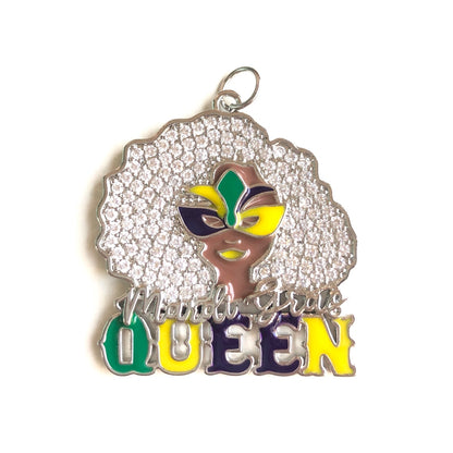 10pcs/lot CZ Paved Afro Black Girl Masked Queen of Mardi Gras Charm Pendants Silver CZ Paved Charms Mardi Gras New Charms Arrivals Charms Beads Beyond