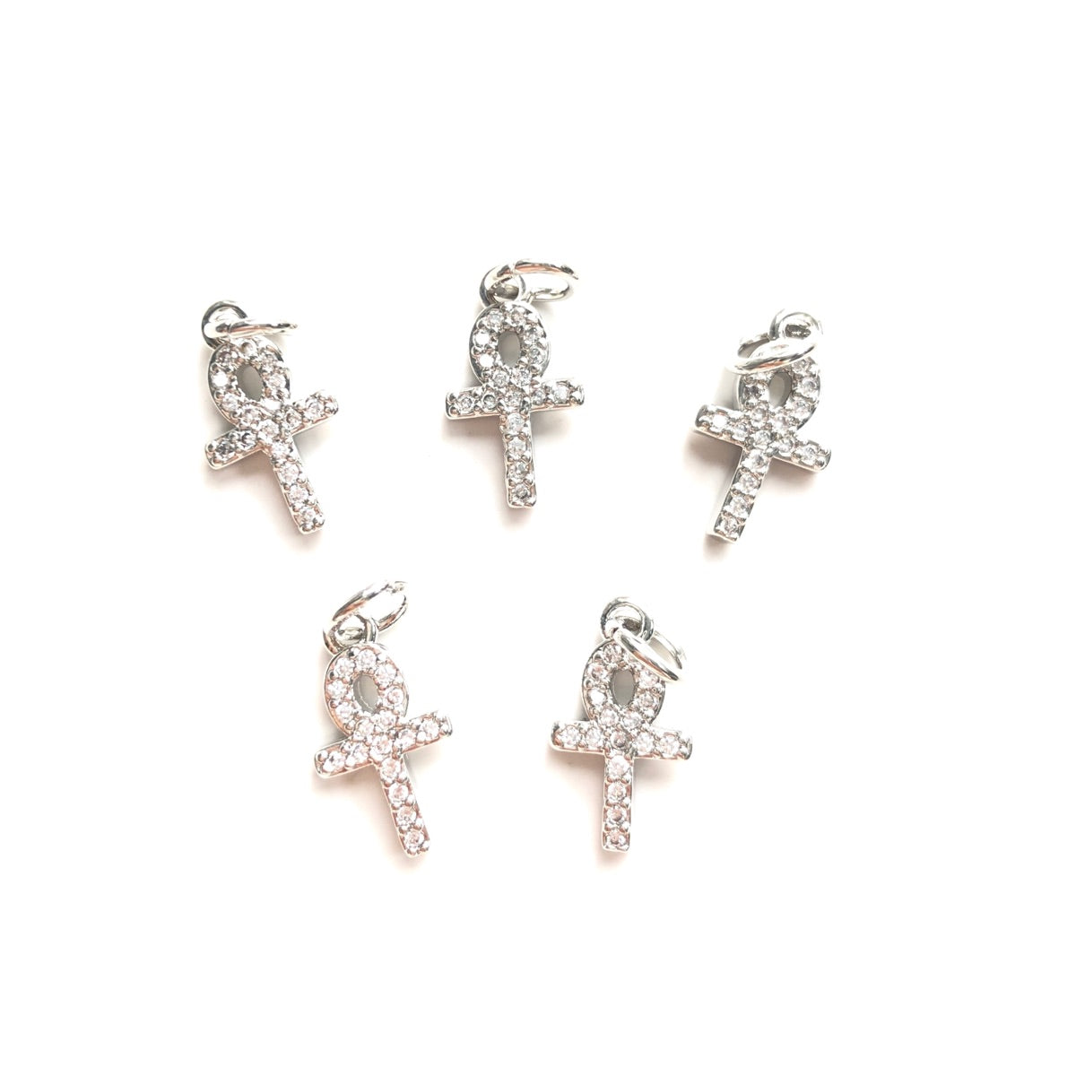 10pcs/lot Small Size CZ Pave ANKH Charm Pendants Clear on Silver CZ Paved Charms ANKH Small Sizes Symbols Charms Beads Beyond