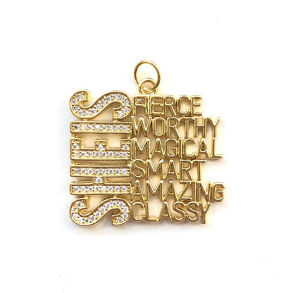 10pcs/lot CZ SHE IS FIERCE WORTHY MAGICAL SMART AMAZING CLASSY Word Charms Gold CZ Paved Charms New Charms Arrivals Words & Quotes Charms Beads Beyond