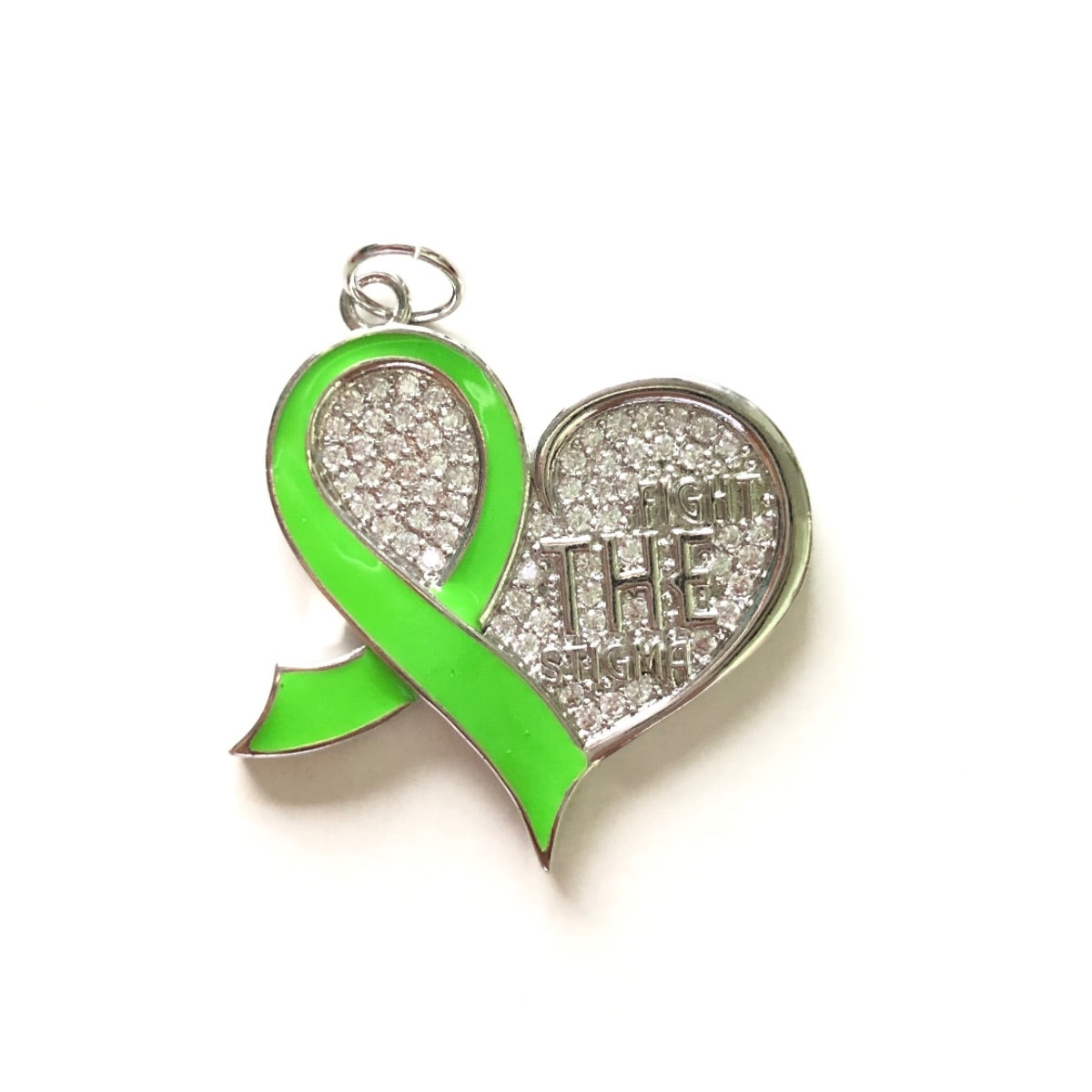 10pcs/lot CZ Pave Green Ribbon Fight The Stigma Mental Health Awareness Heart Charms Silver CZ Paved Charms Hearts New Charms Arrivals Charms Beads Beyond