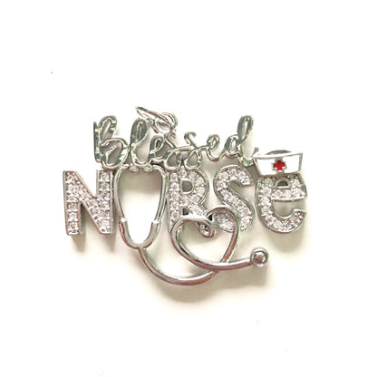 10pcs/lot CZ Pave Stethoscope Blessed Nurse Word Charms Nurse's Day Silver CZ Paved Charms New Charms Arrivals Nurse Inspired Charms Beads Beyond