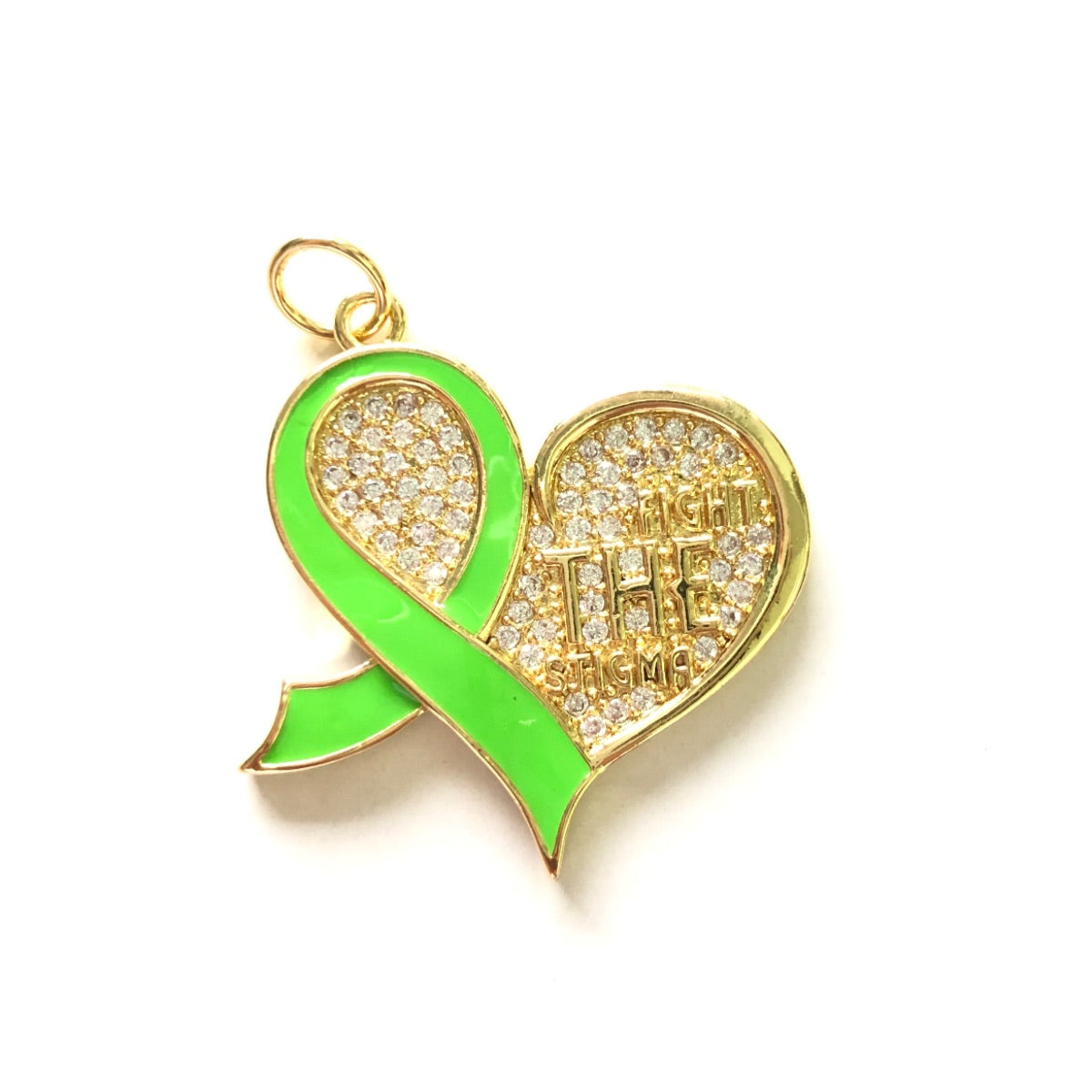 10pcs/lot CZ Pave Green Ribbon Fight The Stigma Mental Health Awareness Heart Charms Gold CZ Paved Charms Hearts New Charms Arrivals Charms Beads Beyond