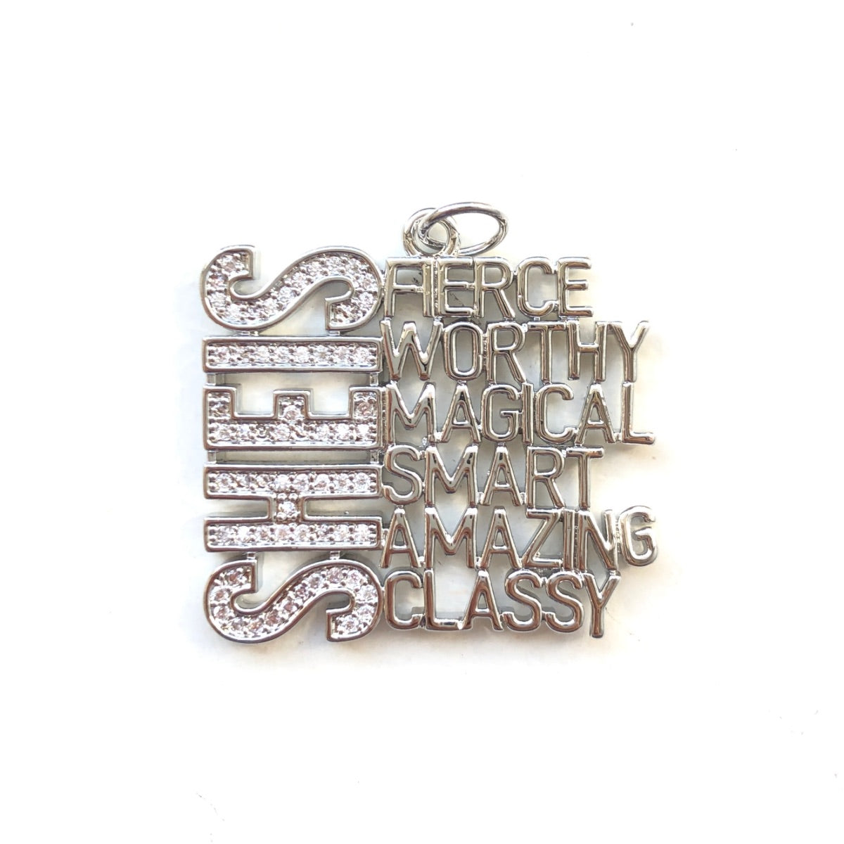10pcs/lot CZ SHE IS FIERCE WORTHY MAGICAL SMART AMAZING CLASSY Word Charms Silver CZ Paved Charms New Charms Arrivals Words & Quotes Charms Beads Beyond