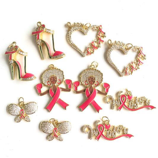 10pcs/lot Pink Ribbon Black Girl Warrior Survivor Heart High Heel Butterfly Breast Cancer Awareness Charms Bundle Gold Set CZ Paved Charms Breast Cancer Awareness Mix Charms New Charms Arrivals Charms Beads Beyond