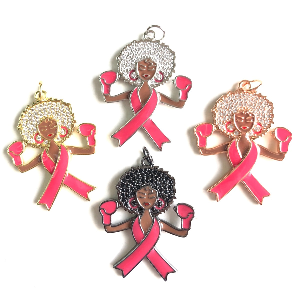 10pcs/lot Pink Ribbon Black Girl Boxer Charms for Breast Cancer Awareness Mix Colors CZ Paved Charms Afro Girl/Queen Charms Breast Cancer Awareness New Charms Arrivals Charms Beads Beyond