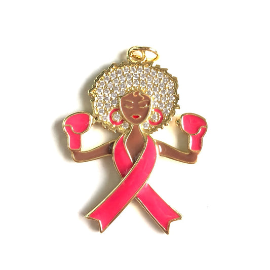 10pcs/lot Pink Ribbon Black Girl Boxer Charms for Breast Cancer Awareness Gold CZ Paved Charms Afro Girl/Queen Charms Breast Cancer Awareness New Charms Arrivals Charms Beads Beyond