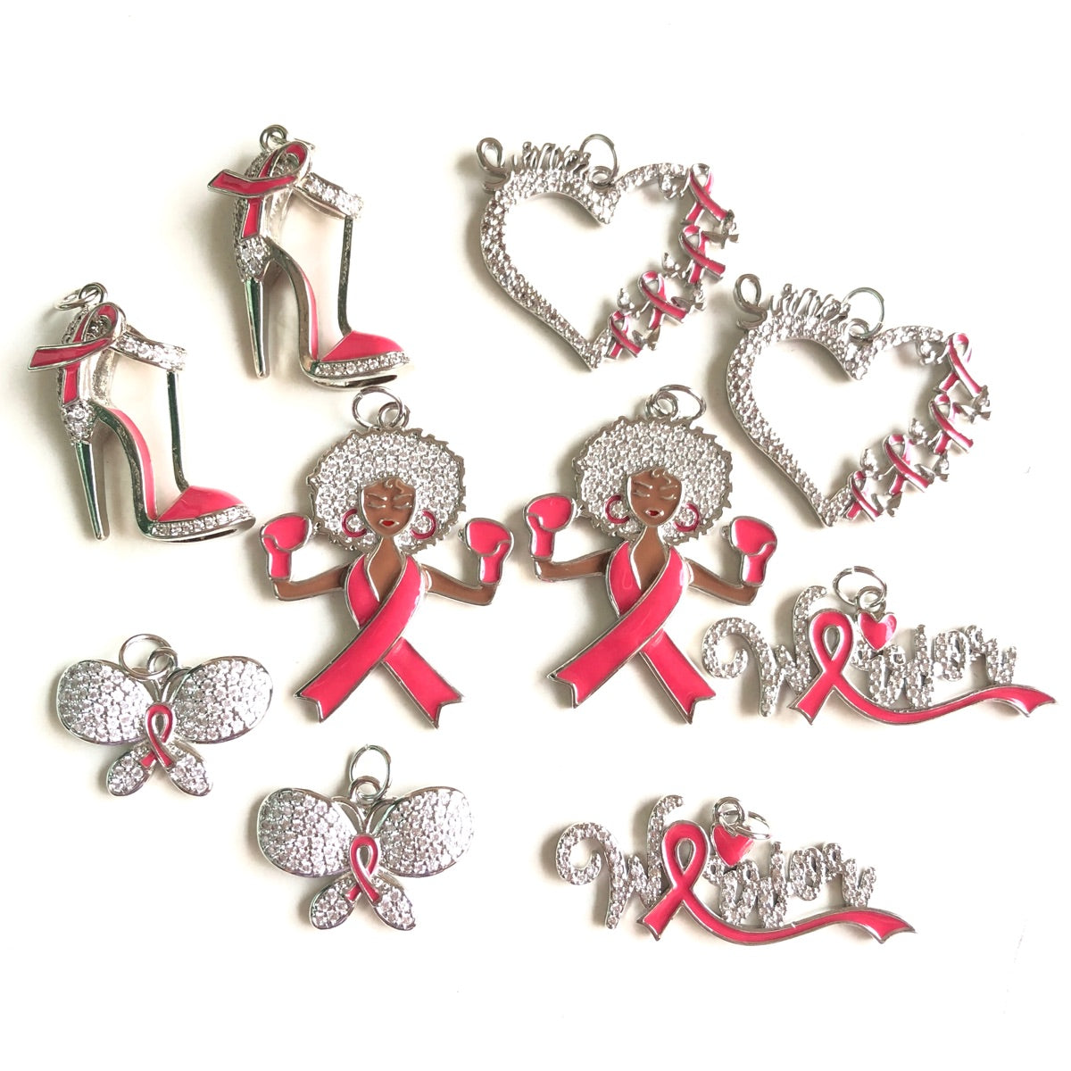 10pcs/lot Pink Ribbon Black Girl Warrior Survivor Heart High Heel Butterfly Breast Cancer Awareness Charms Bundle Silver Set CZ Paved Charms Breast Cancer Awareness Mix Charms New Charms Arrivals Charms Beads Beyond