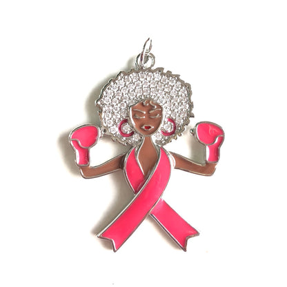 10pcs/lot Pink Ribbon Black Girl Boxer Charms for Breast Cancer Awareness Silver CZ Paved Charms Afro Girl/Queen Charms Breast Cancer Awareness New Charms Arrivals Charms Beads Beyond