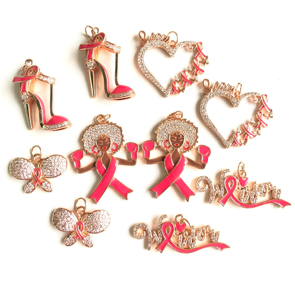 10pcs/lot Pink Ribbon Black Girl Warrior Survivor Heart High Heel Butterfly Breast Cancer Awareness Charms Bundle Rose Gold Set CZ Paved Charms Breast Cancer Awareness Mix Charms New Charms Arrivals Charms Beads Beyond