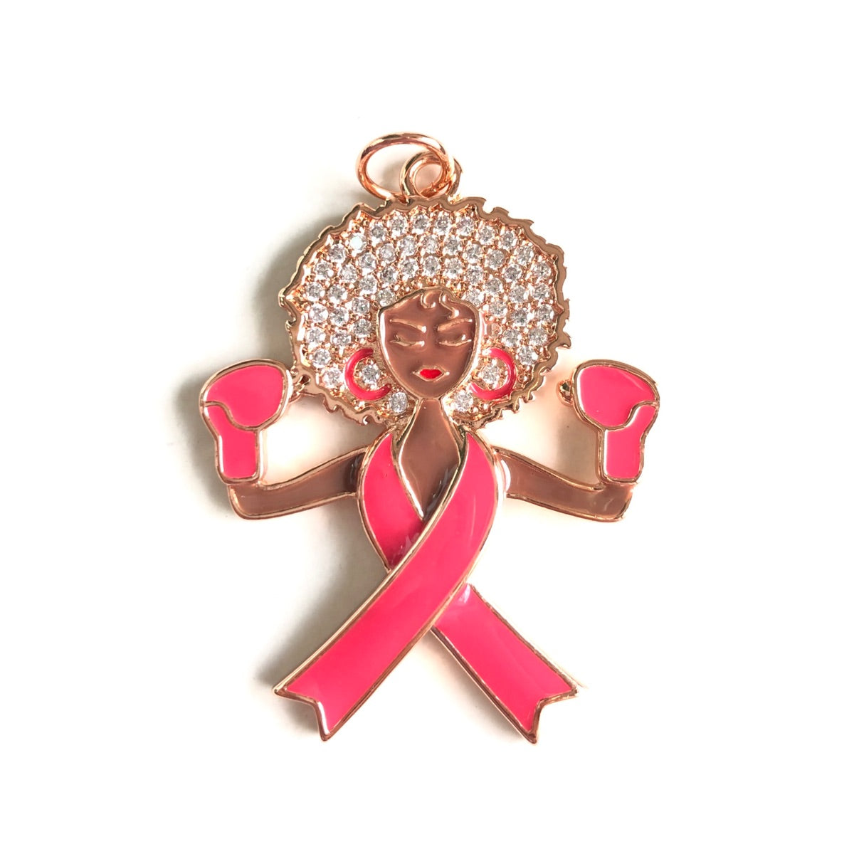 10pcs/lot Pink Ribbon Black Girl Boxer Charms for Breast Cancer Awareness Rose Gold CZ Paved Charms Afro Girl/Queen Charms Breast Cancer Awareness New Charms Arrivals Charms Beads Beyond