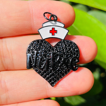 10pcs/lot CZ Pave Nurse Cap Heart Word Charms Nurse's Day Black on Black CZ Paved Charms New Charms Arrivals Nurse Inspired Charms Beads Beyond