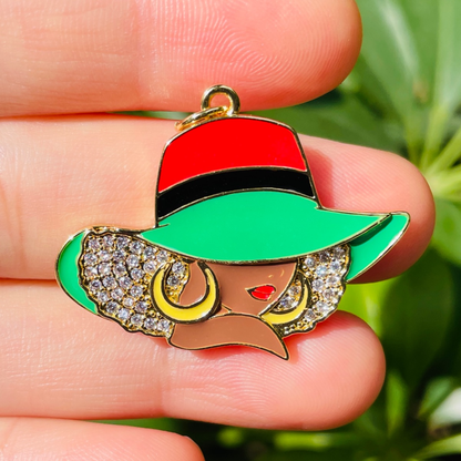 10pcs/lot CZ Paved Red Black Green Hat Afro Black Girl Charms for Juneteenth Awareness Gold CZ Paved Charms Afro Girl/Queen Charms Juneteenth & Black History Month Awareness New Charms Arrivals Charms Beads Beyond