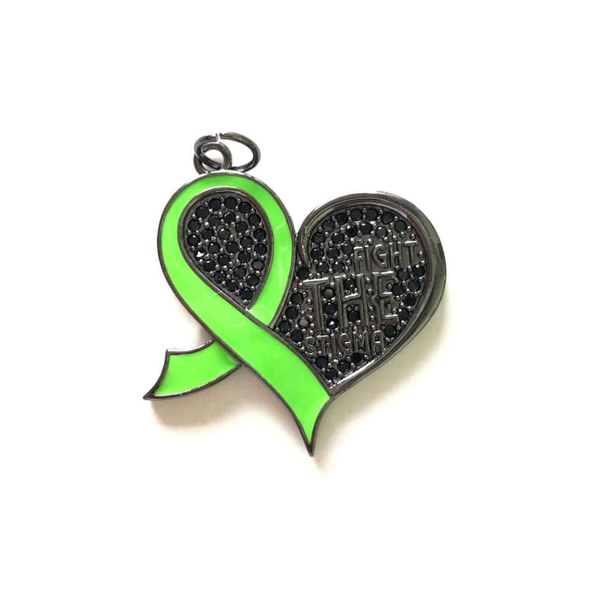 10pcs/lot CZ Pave Green Ribbon Fight The Stigma Mental Health Awareness Heart Charms Black on Black CZ Paved Charms Hearts New Charms Arrivals Charms Beads Beyond