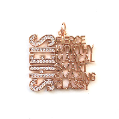 10pcs/lot CZ SHE IS FIERCE WORTHY MAGICAL SMART AMAZING CLASSY Word Charms Rose Gold CZ Paved Charms New Charms Arrivals Words & Quotes Charms Beads Beyond