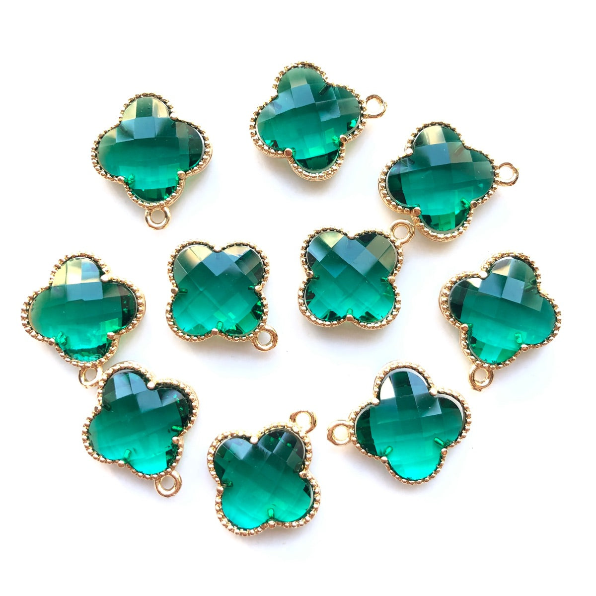 10pcs/Lot Gold Plated Glass Crystal Clover Flower Charms Green Stone Charms Flower Glass Beads New Charms Arrivals Charms Beads Beyond