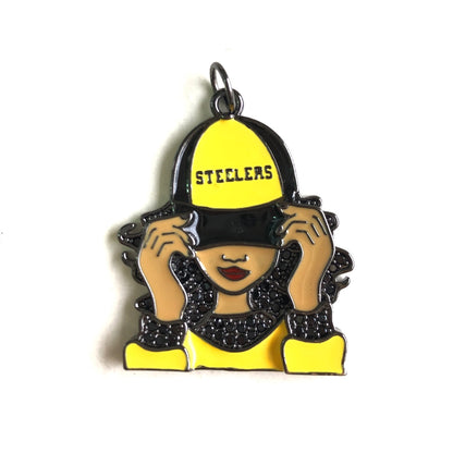 10pcs/lot CZ Paved Pittsburgh Steelers Afro Black Girl Charms Black on Black CZ Paved Charms Afro Girl/Queen Charms American Football Sports New Charms Arrivals Charms Beads Beyond