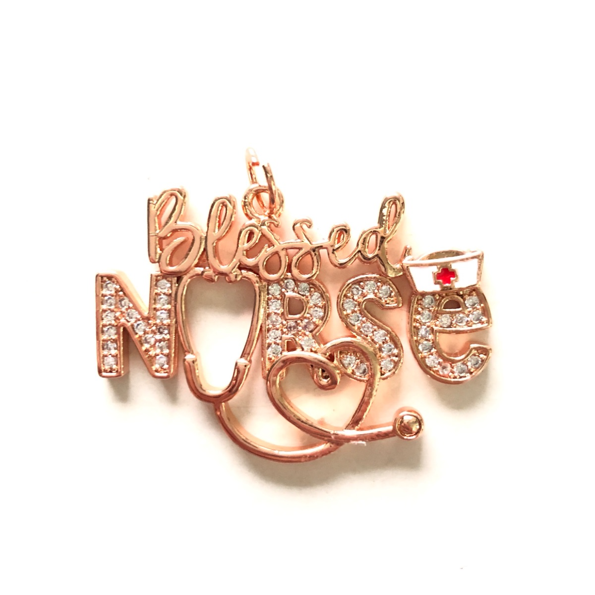 10pcs/lot CZ Pave Stethoscope Blessed Nurse Word Charms Nurse's Day Rose Gold CZ Paved Charms New Charms Arrivals Nurse Inspired Charms Beads Beyond