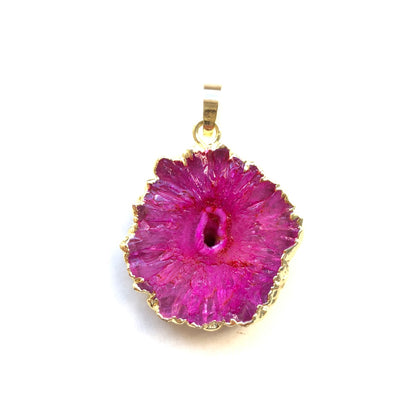 1PC 30mm Gold Plated Sun Flower Agate Charm-Premium Quality Pink on Gold Stone Charms Charms Beads Beyond