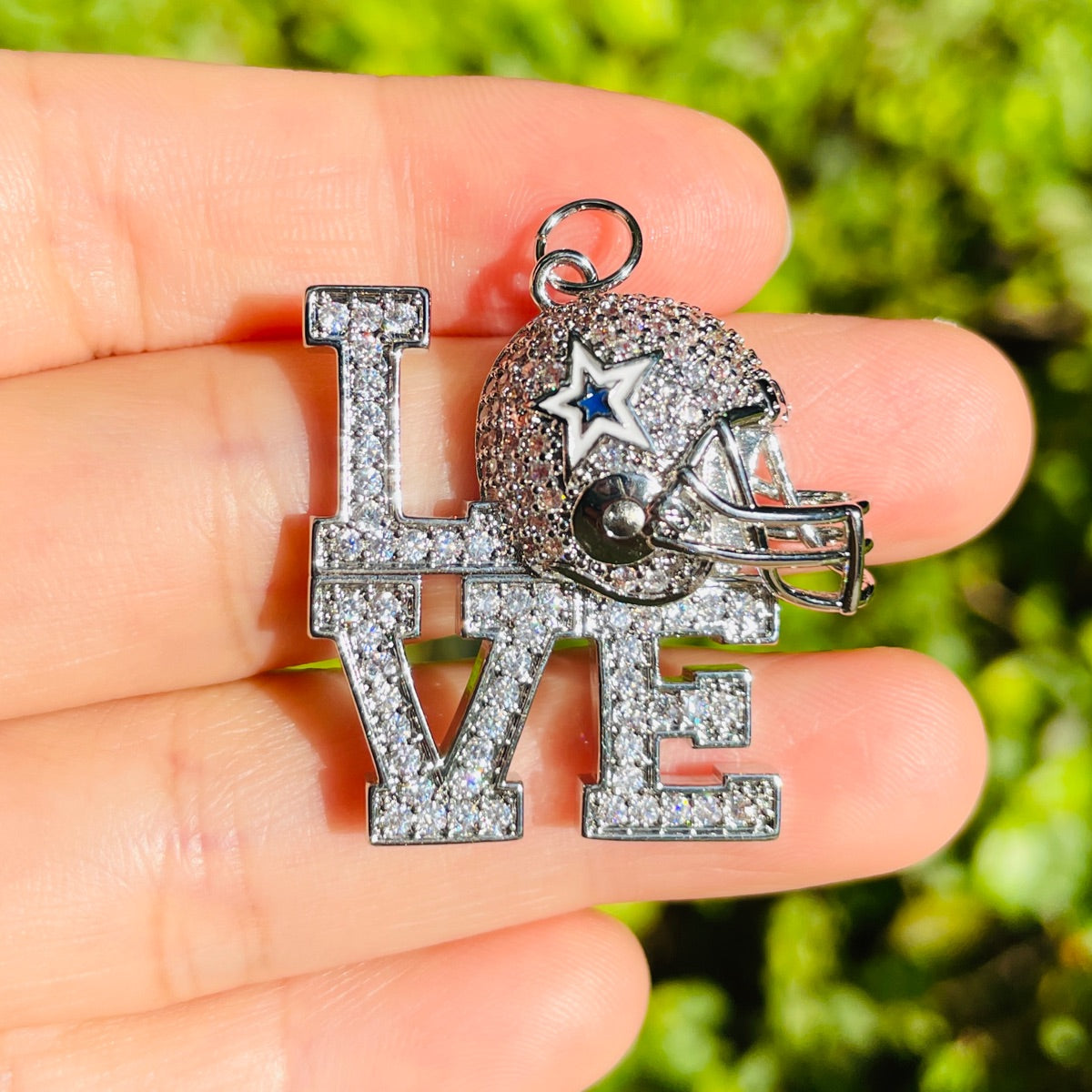 10pcs/lot CZ Paved LOVE Cowboys Helmet American Football Soccer Charms Silver CZ Paved Charms American Football Sports New Charms Arrivals Charms Beads Beyond