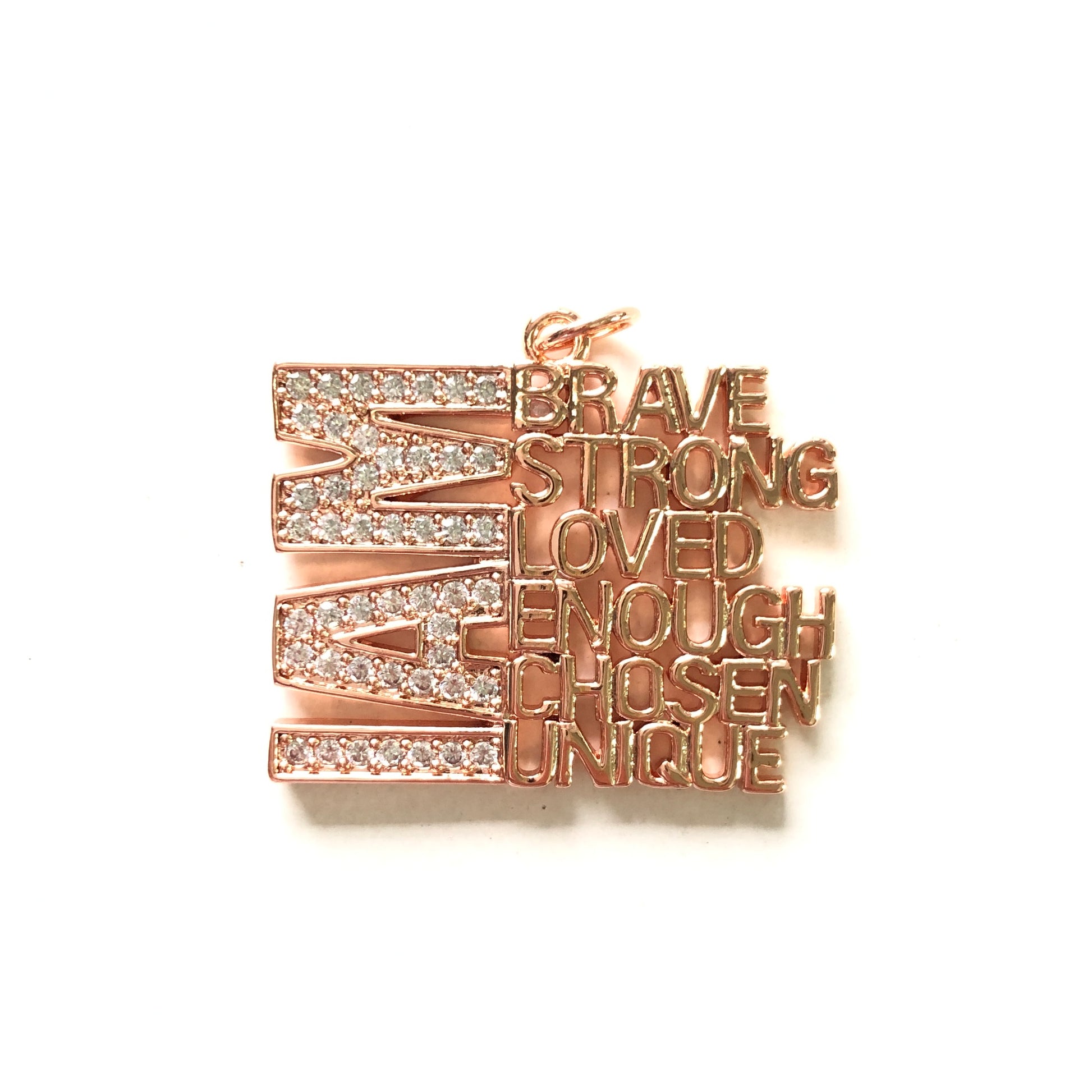 10pcs/lot CZ I Am Brave Strong Loved Enough Chosen Unique Word Charms Rose Gold CZ Paved Charms New Charms Arrivals Words & Quotes Charms Beads Beyond