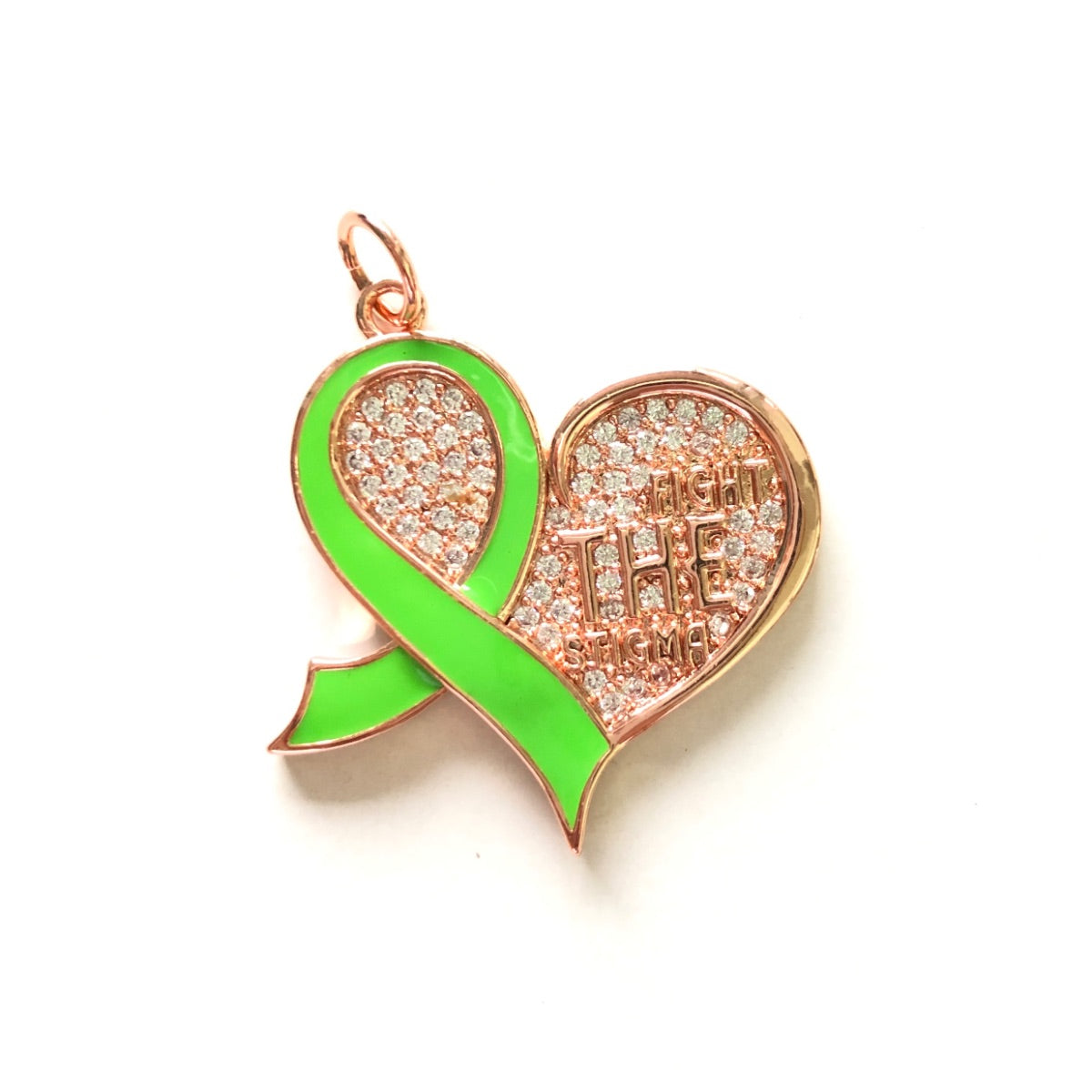 10pcs/lot CZ Pave Green Ribbon Fight The Stigma Mental Health Awareness Heart Charms Rose Gold CZ Paved Charms Hearts New Charms Arrivals Charms Beads Beyond