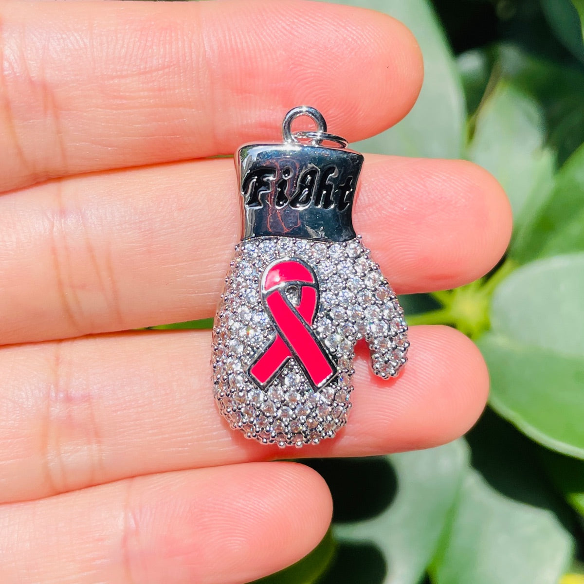 10pcs/lot CZ Pave Pink Ribbon Fight Gloves Charms - Breast Cancer Awareness Silver CZ Paved Charms Breast Cancer Awareness New Charms Arrivals Charms Beads Beyond