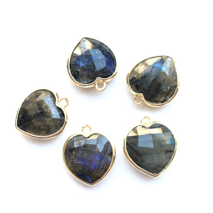 5pcs/Lot Gold Plated Bezel Natural Labradorite Amethyst Tiger Eye Rose Quartz Faceted Heart Pendants Labradorite Stone Charms New Charms Arrivals Charms Beads Beyond