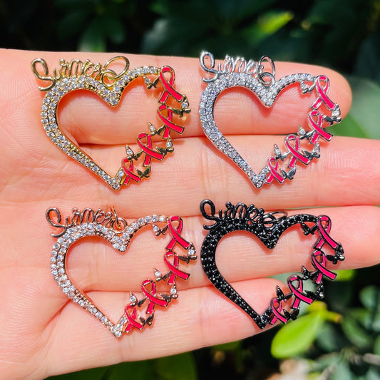 10pcs/lot CZ Pave Pink Ribbon Survivor Heart Charms - Breast Cancer Awareness Mix Colors CZ Paved Charms Breast Cancer Awareness New Charms Arrivals Charms Beads Beyond