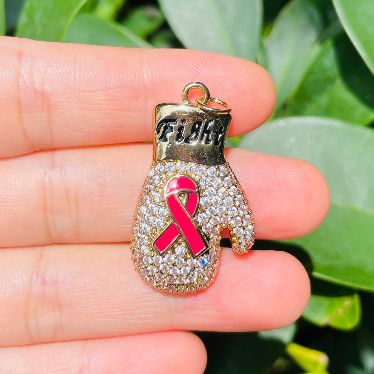10pcs/lot CZ Pave Pink Ribbon Fight Gloves Charms - Breast Cancer Awareness Gold CZ Paved Charms Breast Cancer Awareness New Charms Arrivals Charms Beads Beyond