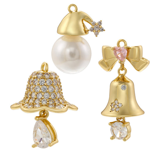 10pcs/lot CZ Paved Christmas Bell Santa Hat Charms Mix Gold CZ Paved Charms Christmas Charms Beads Beyond