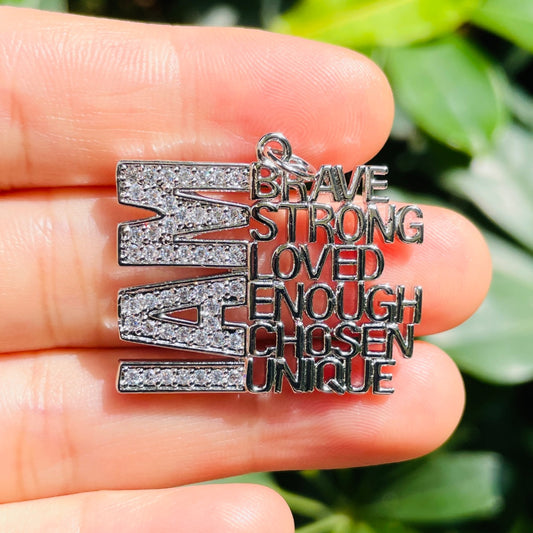 10pcs/lot CZ I Am Brave Strong Loved Enough Chosen Unique Word Charms CZ Paved Charms New Charms Arrivals Words & Quotes Charms Beads Beyond