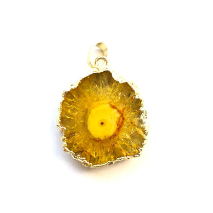 1PC 30mm Gold Plated Sun Flower Agate Charm-Premium Quality Yellow on Gold Stone Charms Charms Beads Beyond