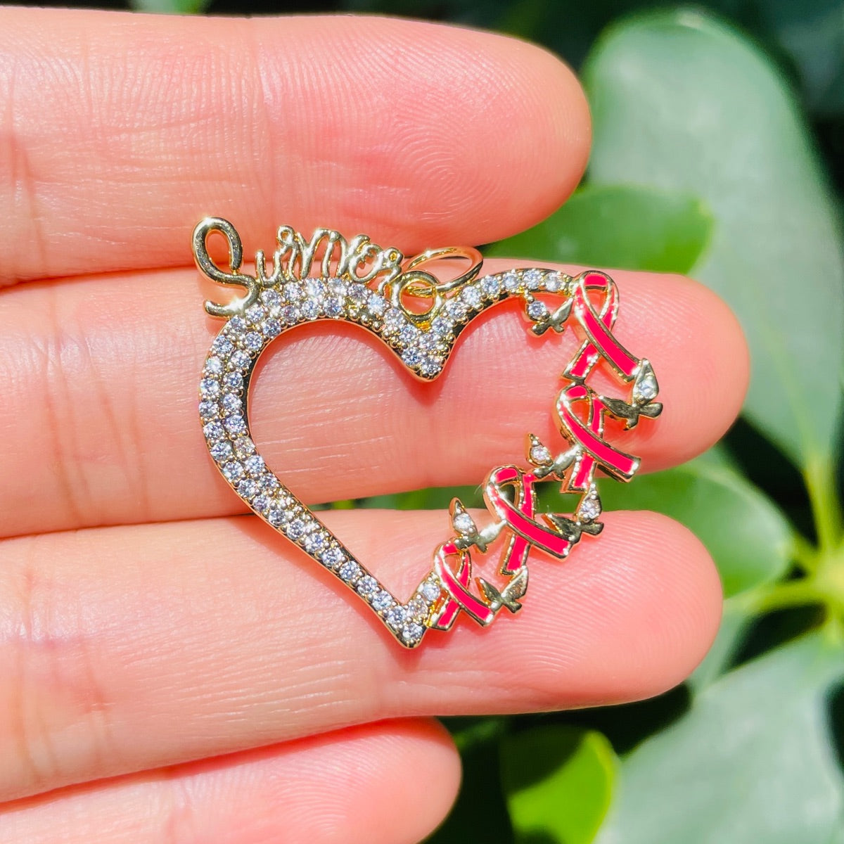 10pcs/lot CZ Pave Pink Ribbon Survivor Heart Charms - Breast Cancer Awareness Gold CZ Paved Charms Breast Cancer Awareness New Charms Arrivals Charms Beads Beyond