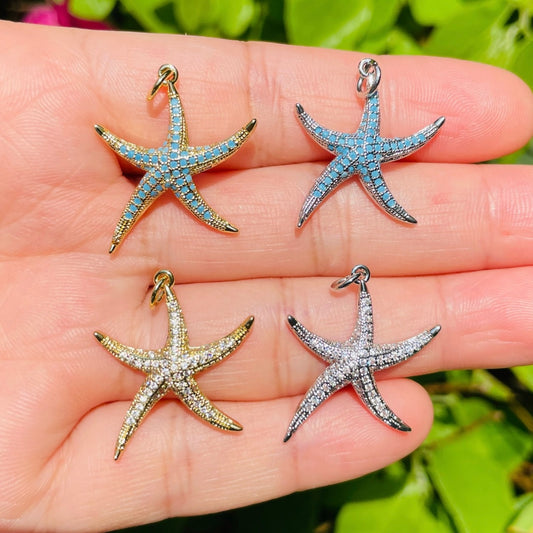 10pcs/lot Clear Turquoise CZ Paved Starfish Charms